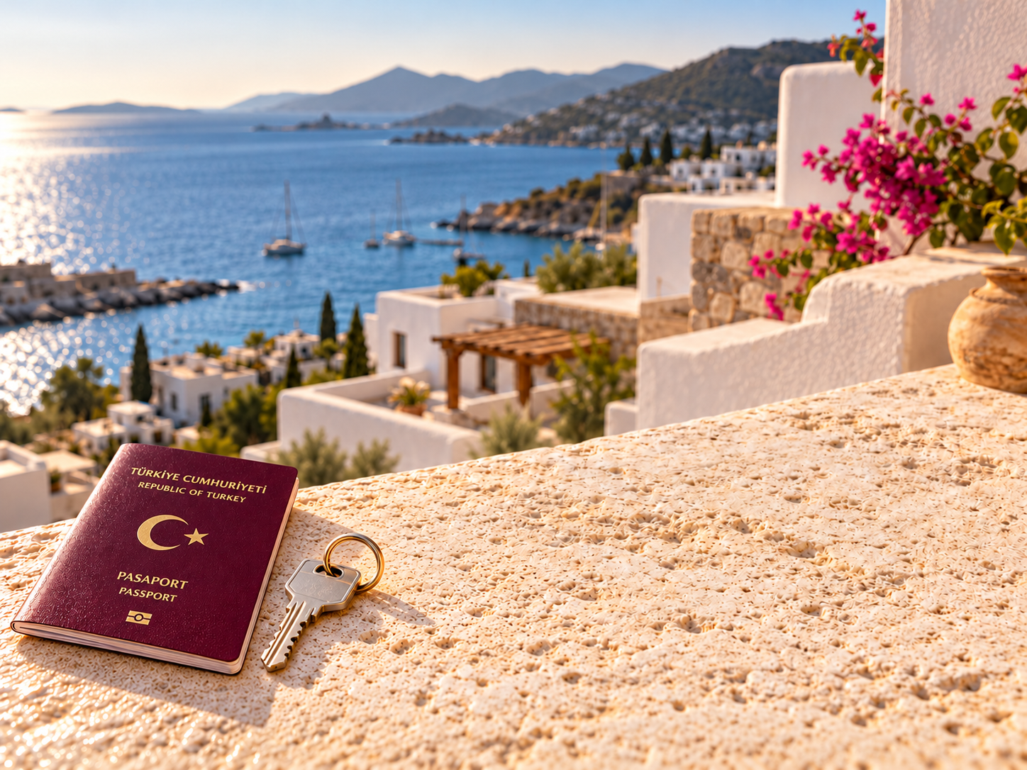 Bodrum manzarası önünde Türk pasaportu ve ev anahtarı ile yatırım yoluyla vatandaşlık