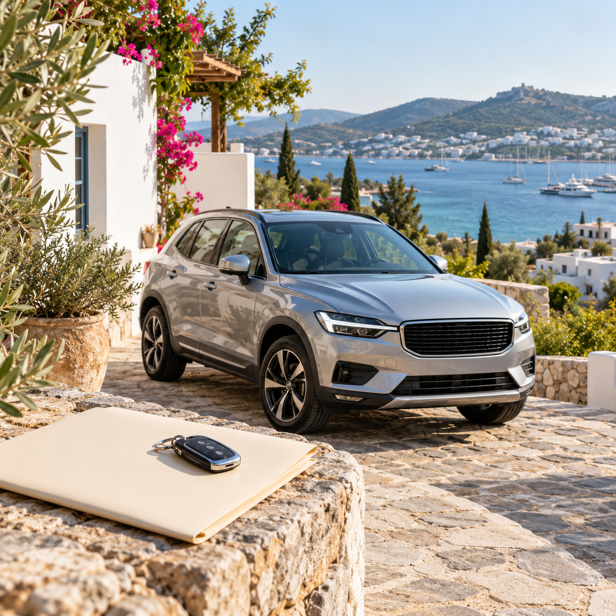 Bodrum manzarası önünde araç, anahtar ve satış dosyası