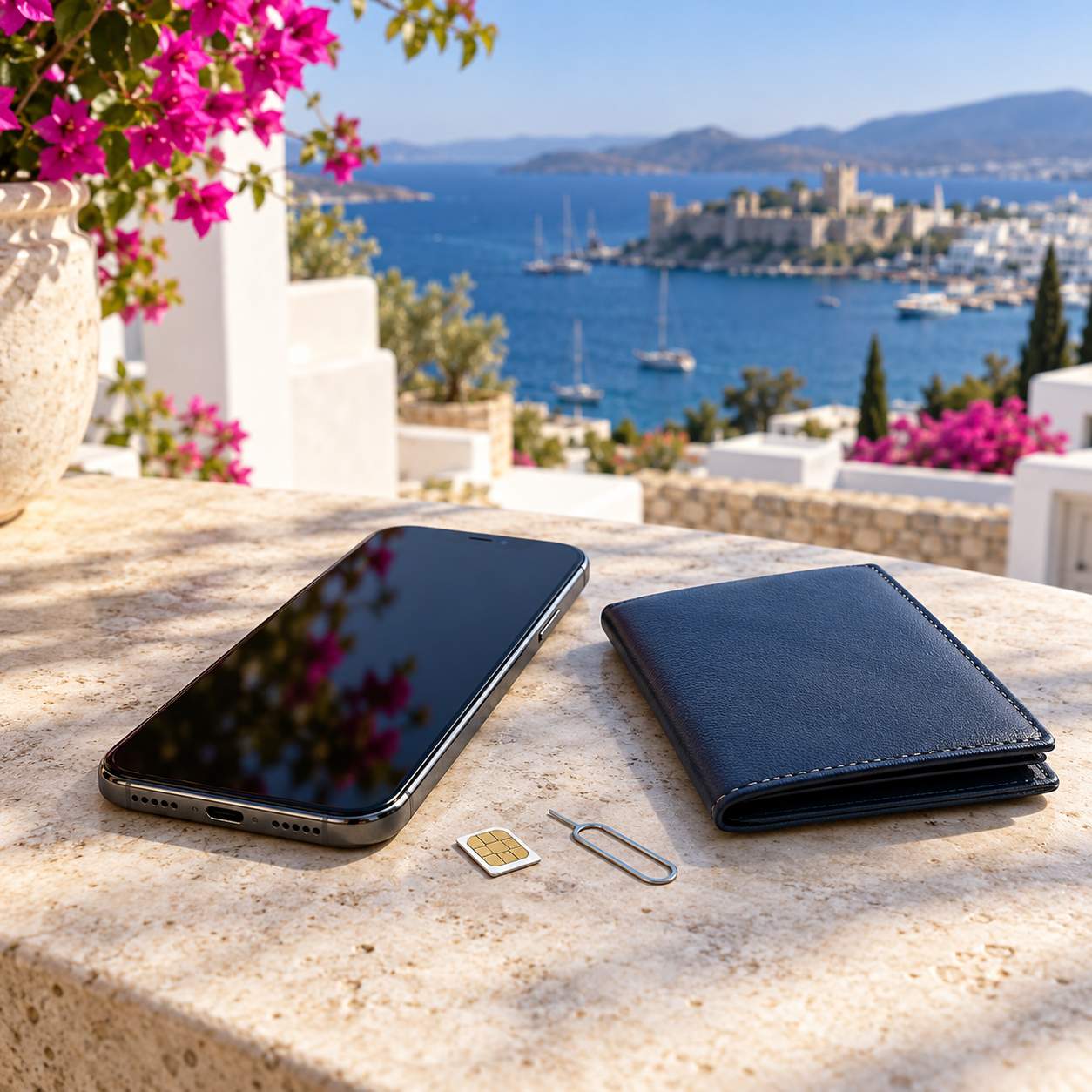 Bodrum manzarası önünde telefon, SIM kart ve belge cüzdanı